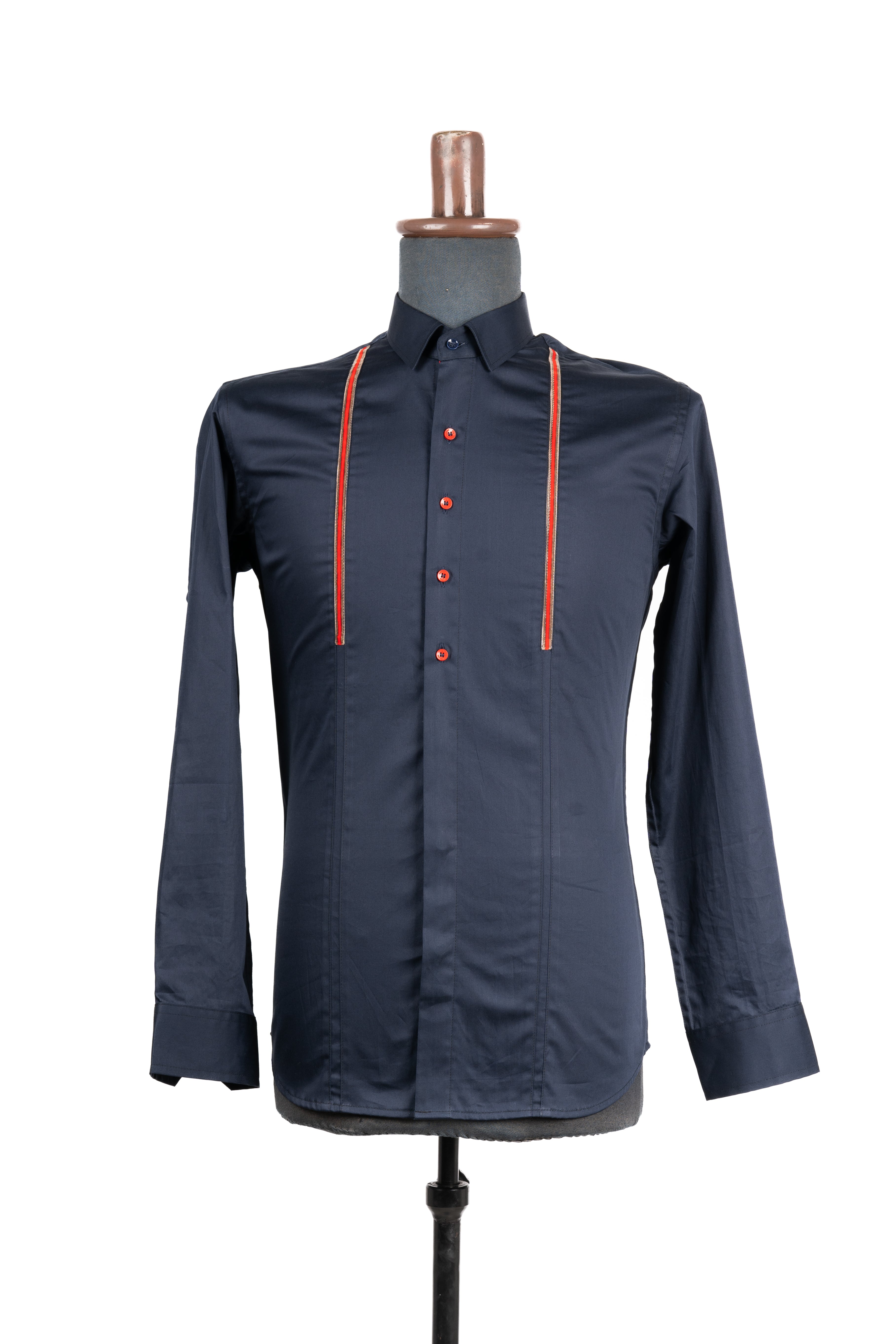 Navy blue shirt with embedded red lace