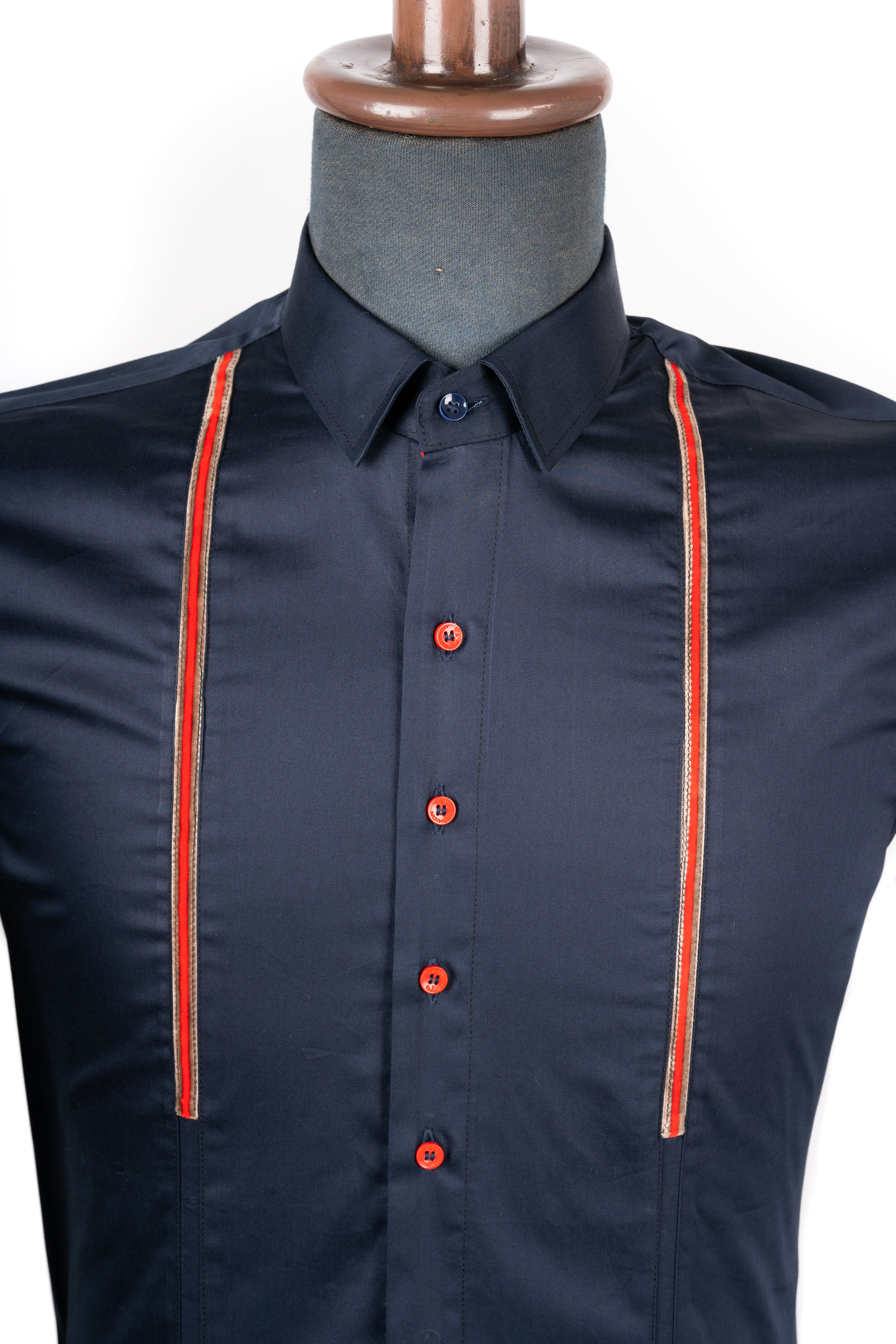 Navy blue shirt with embedded red lace